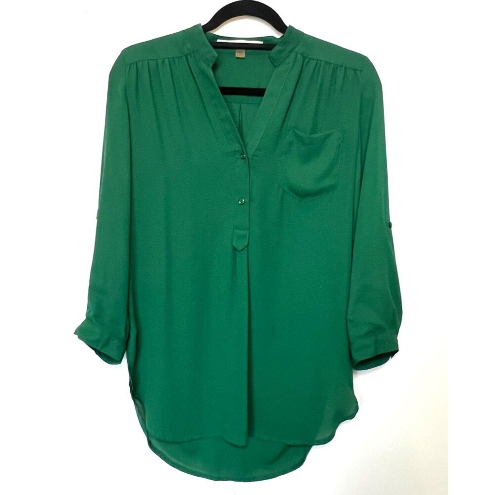 41 Hawthorn Green Colibri Solid Tab Sleeve Popover Blouse Small Polyester Top